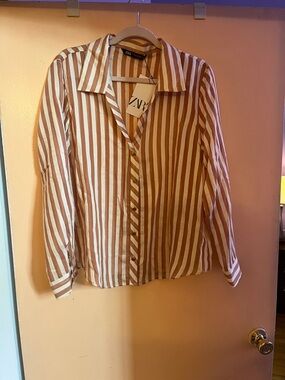 ZARA Rust and cream Vertical Stripe Button-Front Blouse